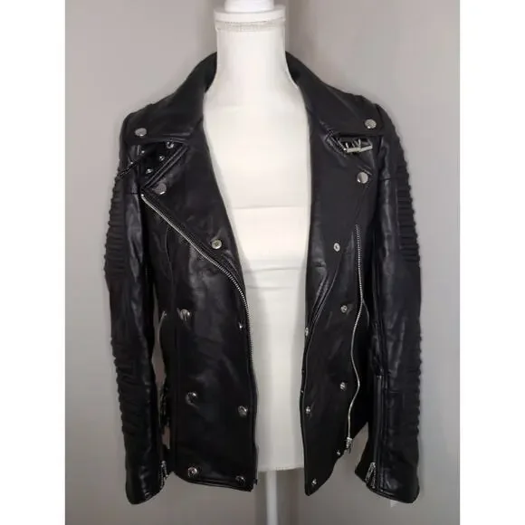 Genuine soft sheepskin leather black ribbed buckle moto jacket - Picture 2 of 10